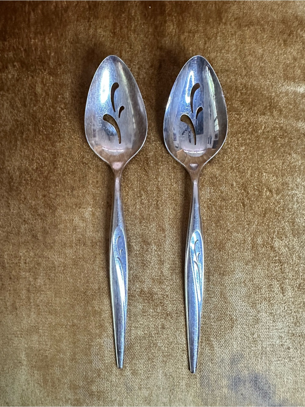 Pair of Vintage 60s Oneida Community Flight Silver Plated Slotted Serving Spoons